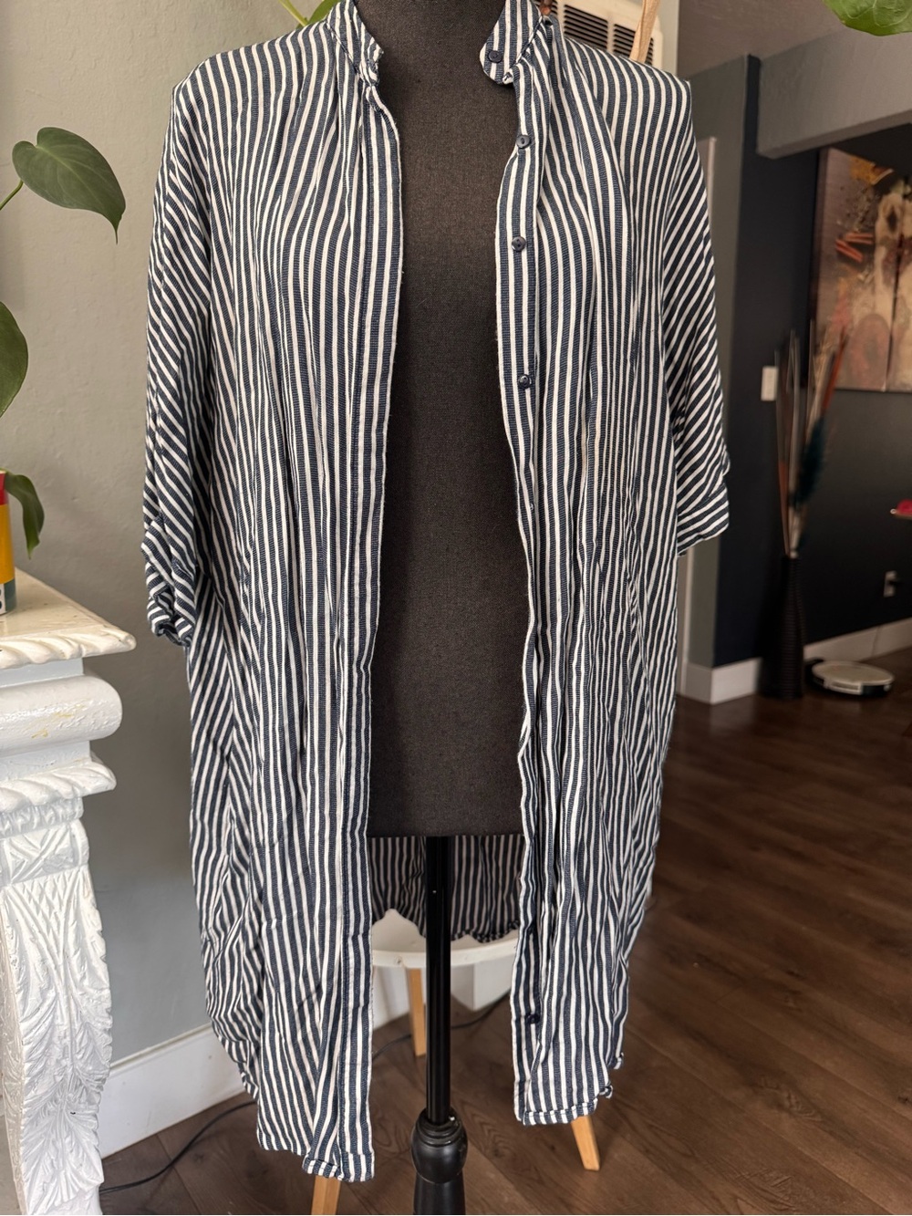 Zara Striped Long Button-Front Shirt, Size S